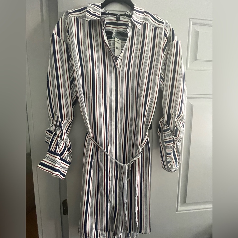 Express Women’s Portofino Shirt Dress, Size L, Blue & Burgundy Stripe. - Picture 2 of 6